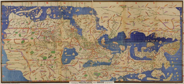 This is a map drawn by the Almoravid Muhammad al-Idrisi for the Sicilian King Roger II. The map was commissioned in 1138 and took fifteen years to prepare. The King's version, apparently, was a 2 metre silver disc weighing 300 pounds. http://en.wikipedia.org/wiki/Tabula_Rogeriana