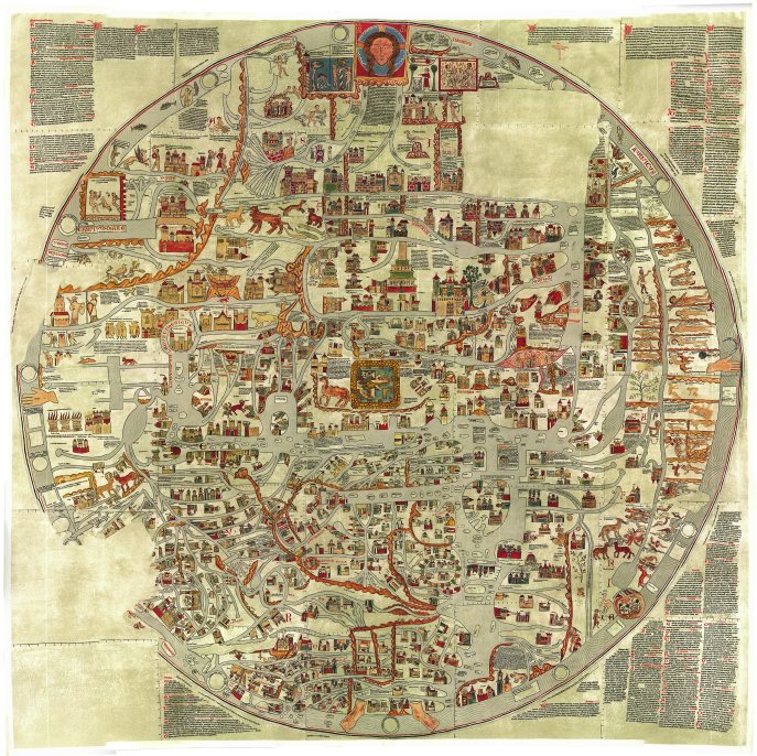 The Ebstorf map circa 1235. These medieval maps of the world (like the contemporaneous 'Hereford Map') are full of myth and legend. Although not enduring in terms of practicality, it does provide insight into the minds of the medieval peoples. Notice the head, hands and feet of the map.