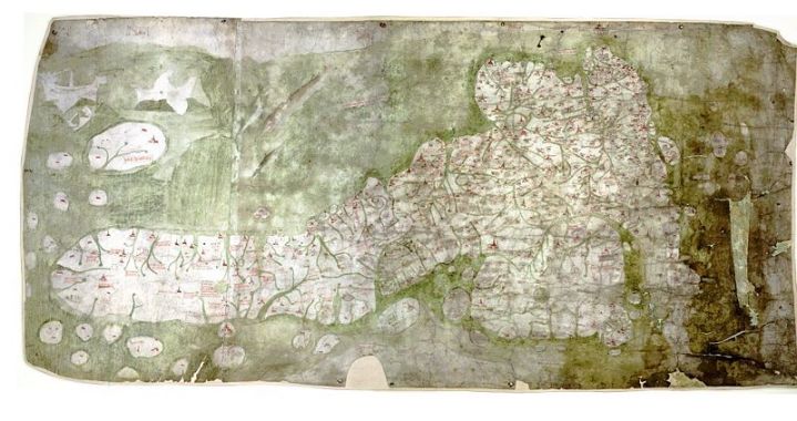 The Gough Map of 1360. This is a another delightful map. It depicts Great Britain. There is a website regarding this map: http://www.goughmap.org Only two places in the map were annotated in gold, one of the places being London. The earliest human flight experiments were in the 17th-18th centuries I think. The accurate measurement of latitude happened also around the same time. This means, that it is rather astounding that one could draw the shape of the Great British islands as accurately as drawn here in the 14th century.
